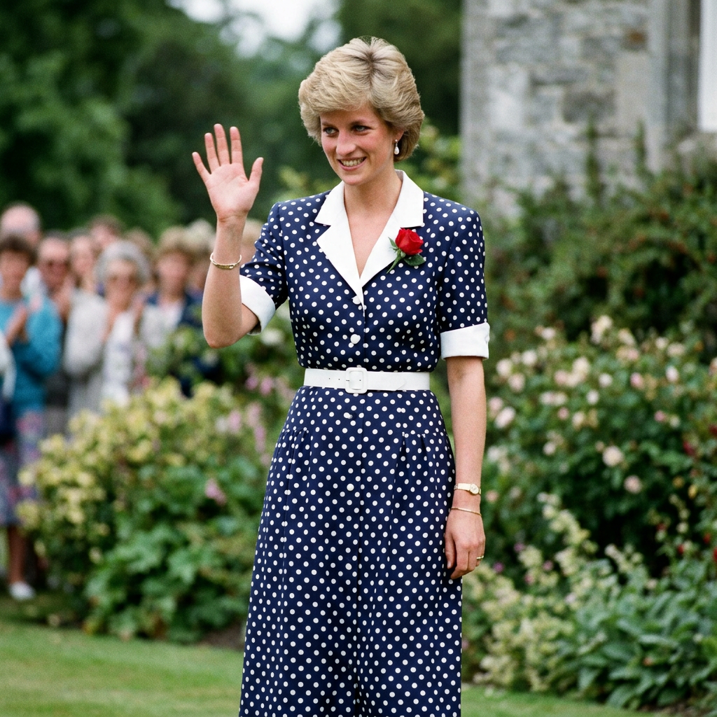 Princess Diana in a blue polka dot dress waving to a crowd outdoors