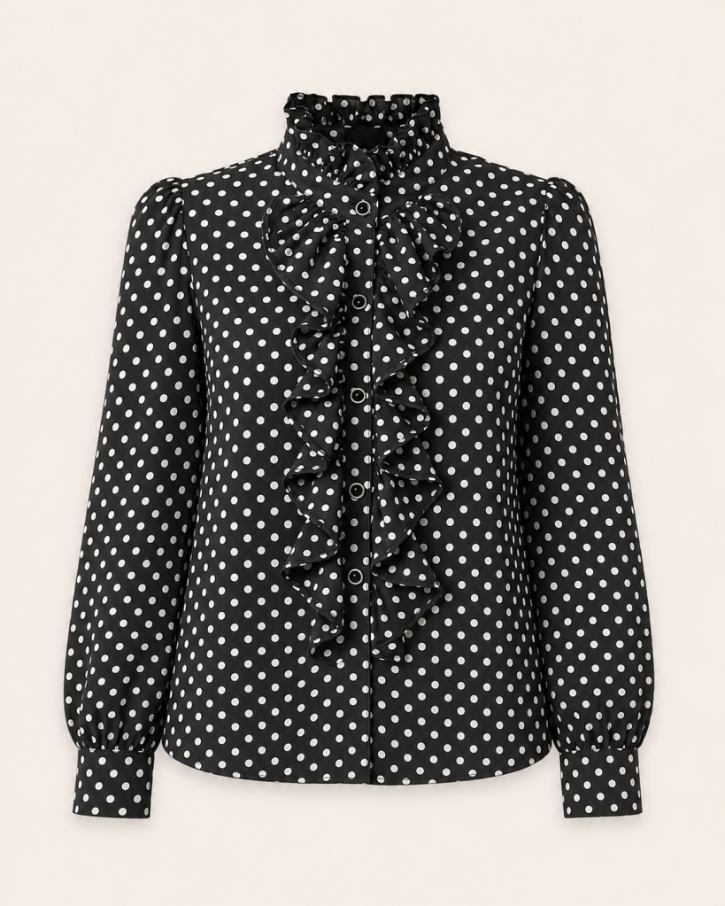 Black and White Polka Dot Ruffle Front Blouse