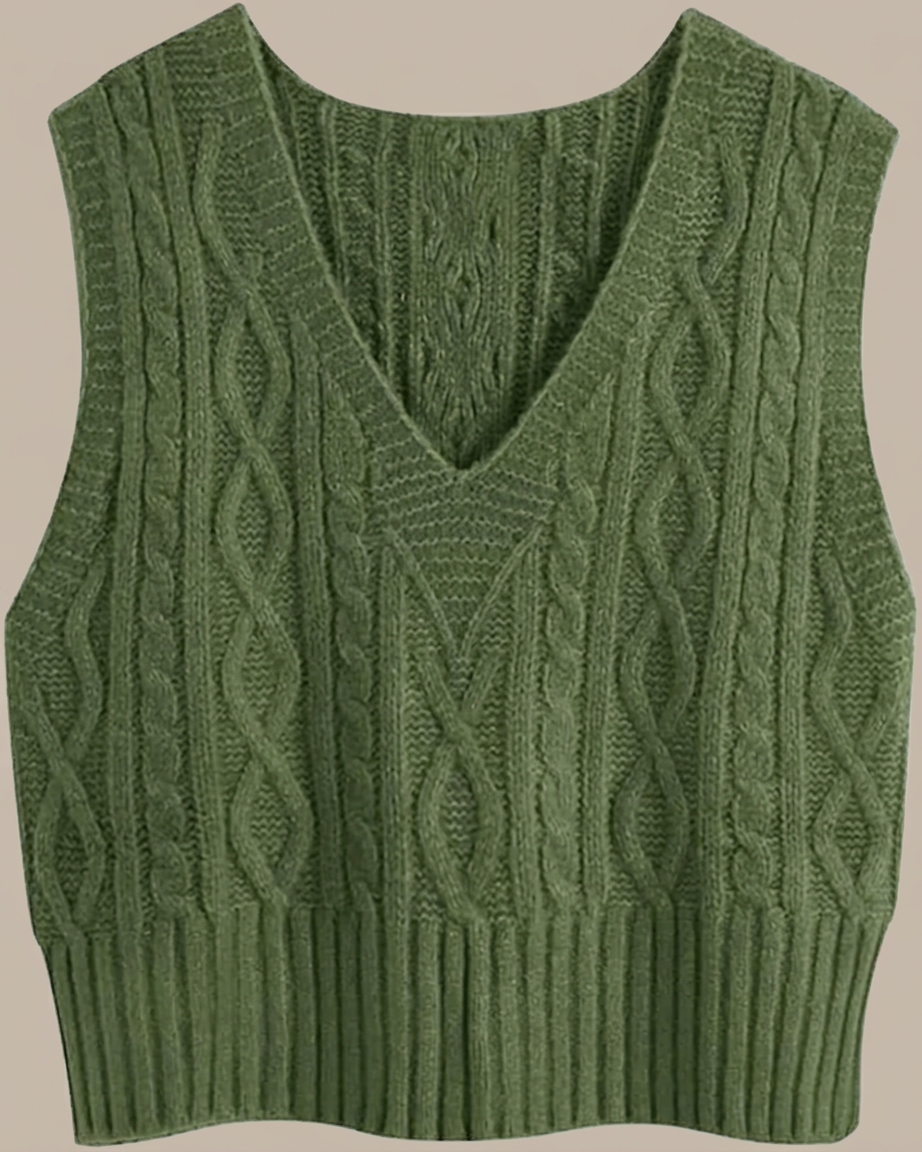 Green V-Neck Cable Knit Vest